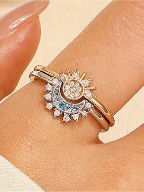 Stackable Celestial Blue Sparkling Moon Sun Star Crystal Adjustable Ring
